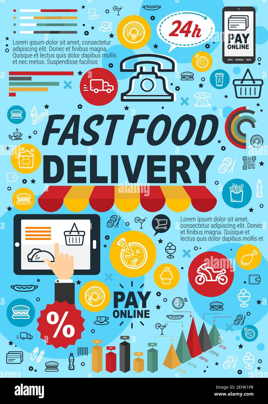 Infografiche servizio di consegna e ordine online fast food. Grafico statistico e grafico delle preferenze dei pasti del ristorante fastfood con l'icona della linea sottile di jun Illustrazione Vettoriale