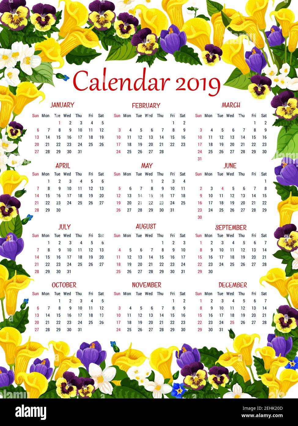 Modello calendario in cornice fiore primavera. calendario di 2019 anni o  planner floreale, decorato con croco fiorito, gelsomino, giglio di calla e  pansy giardino f Immagine e Vettoriale - Alamy