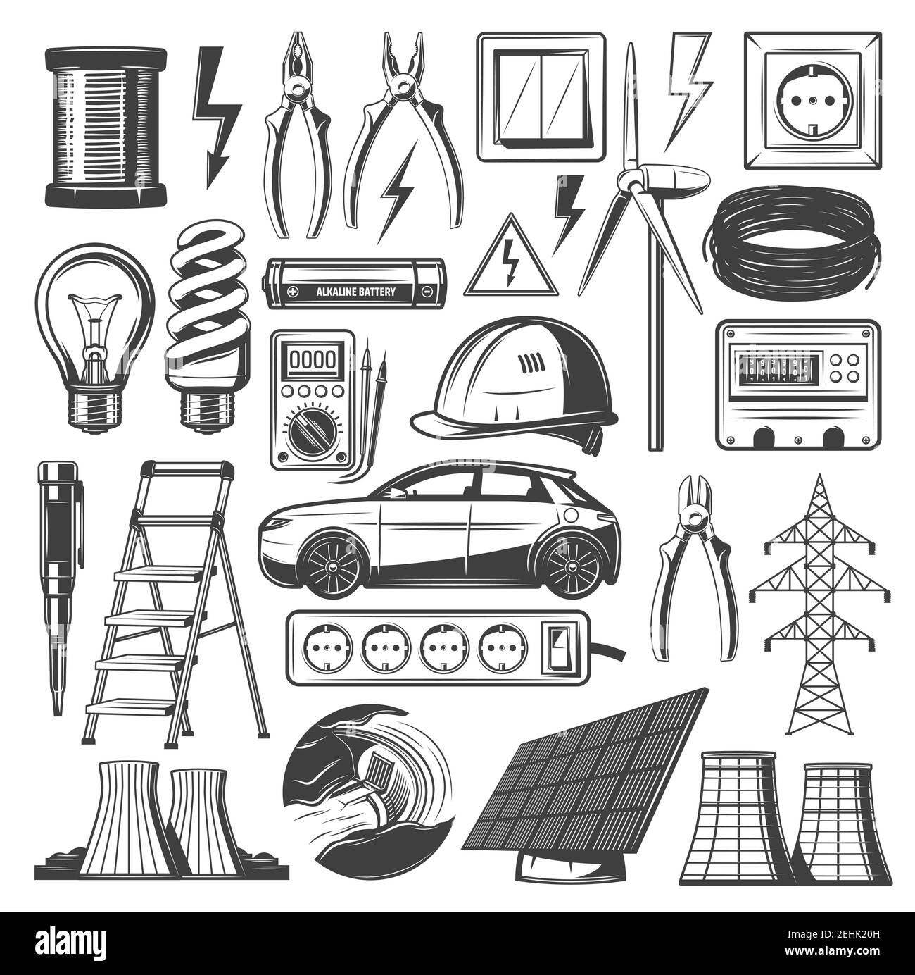 Icone delle fonti di energia e di elettricità. Centrale elettrica vettoriale, lampadina o elettro-car e batteria solare o mulino a vento con bobina elettrica ed elettrici Illustrazione Vettoriale