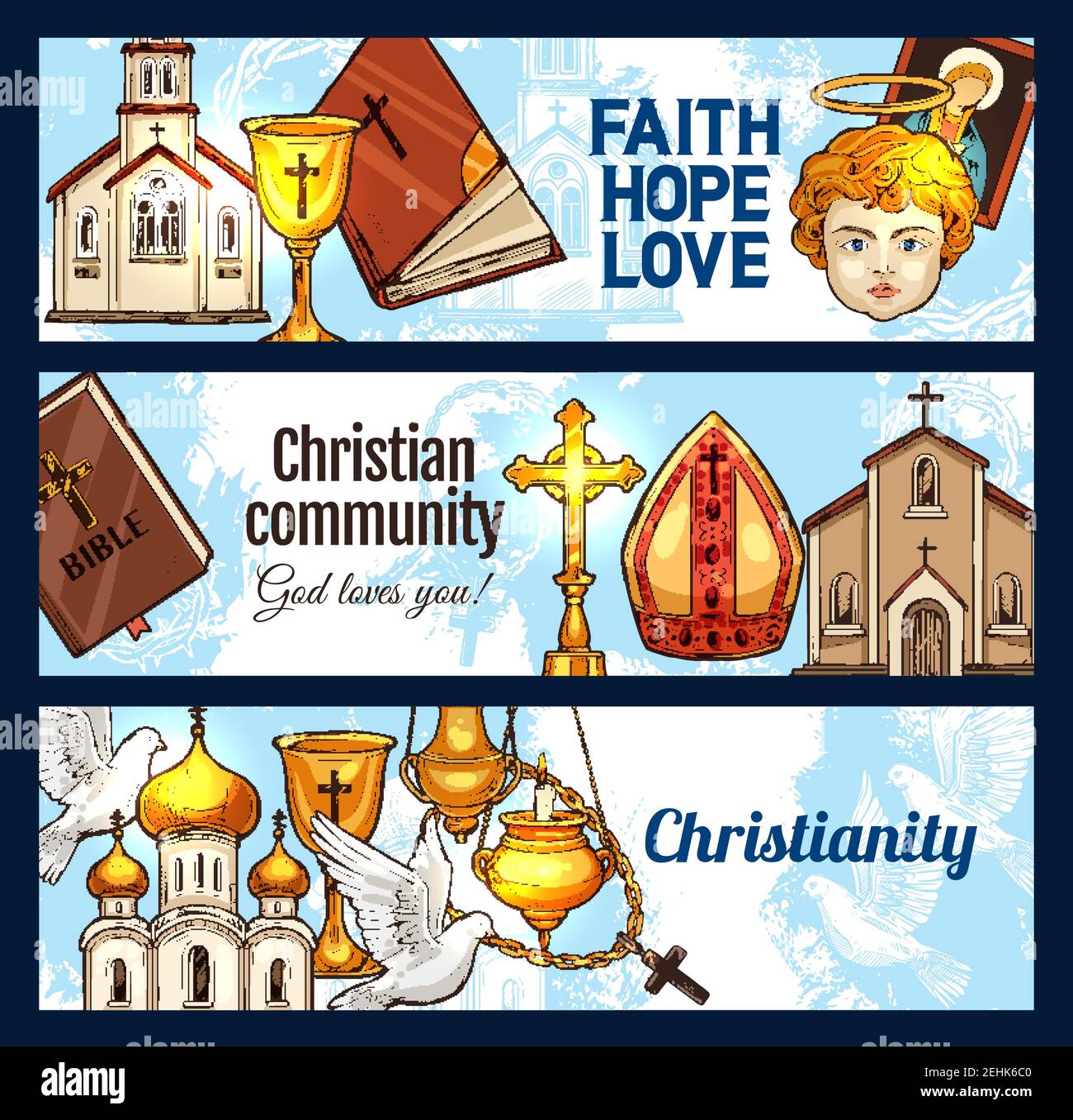 Cristianesimo religione bandiere, oggetti chiesa cristiana. Croce, Dio e Gesù Cristo, Bibbia Santa, rosario cattolico e costruzione della chiesa, crocifisso, colomba Illustrazione Vettoriale