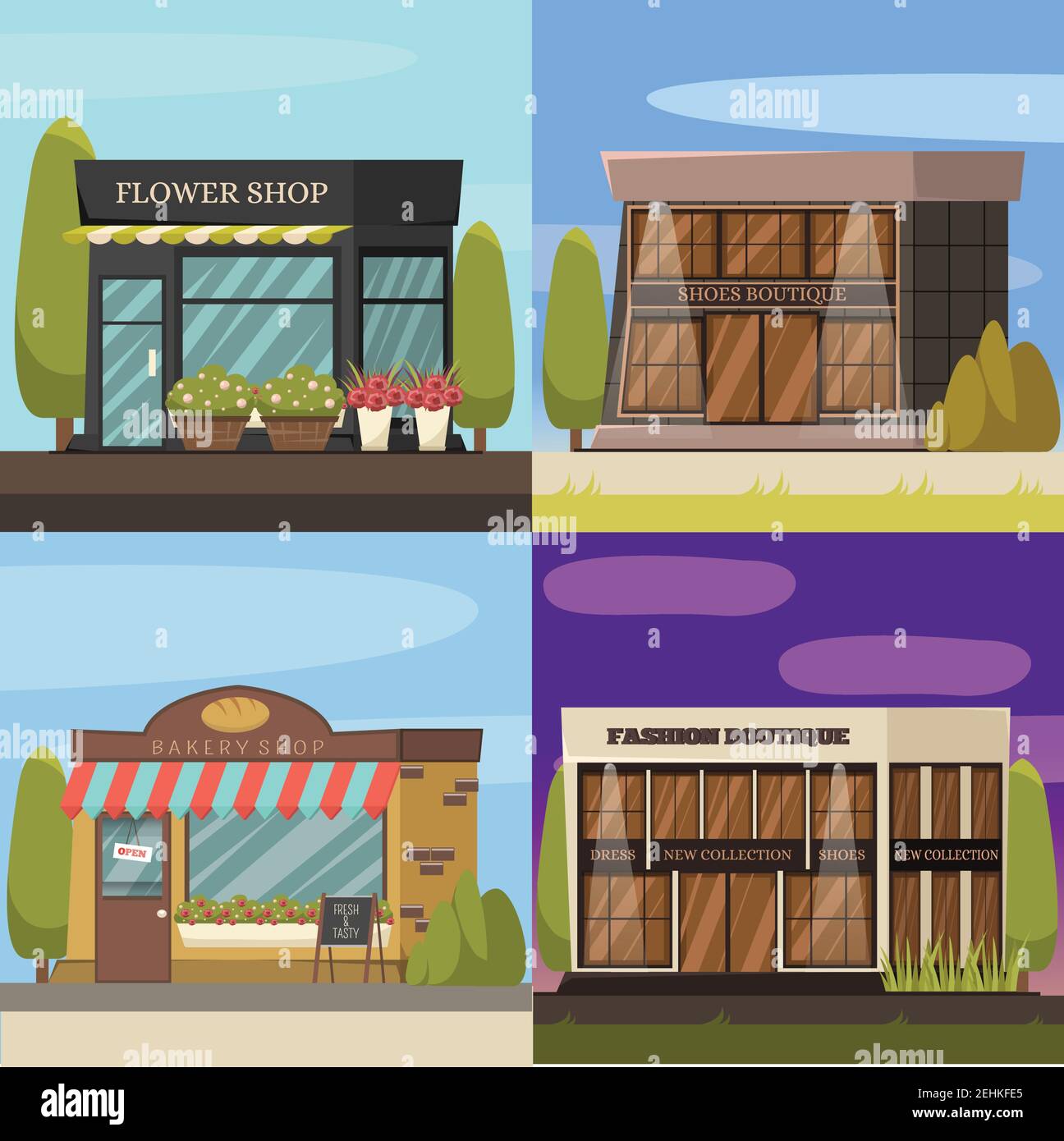 Icone concettuali dei negozi con i simboli di panetteria e fioraio illustrazione vettoriale isolata Illustrazione Vettoriale