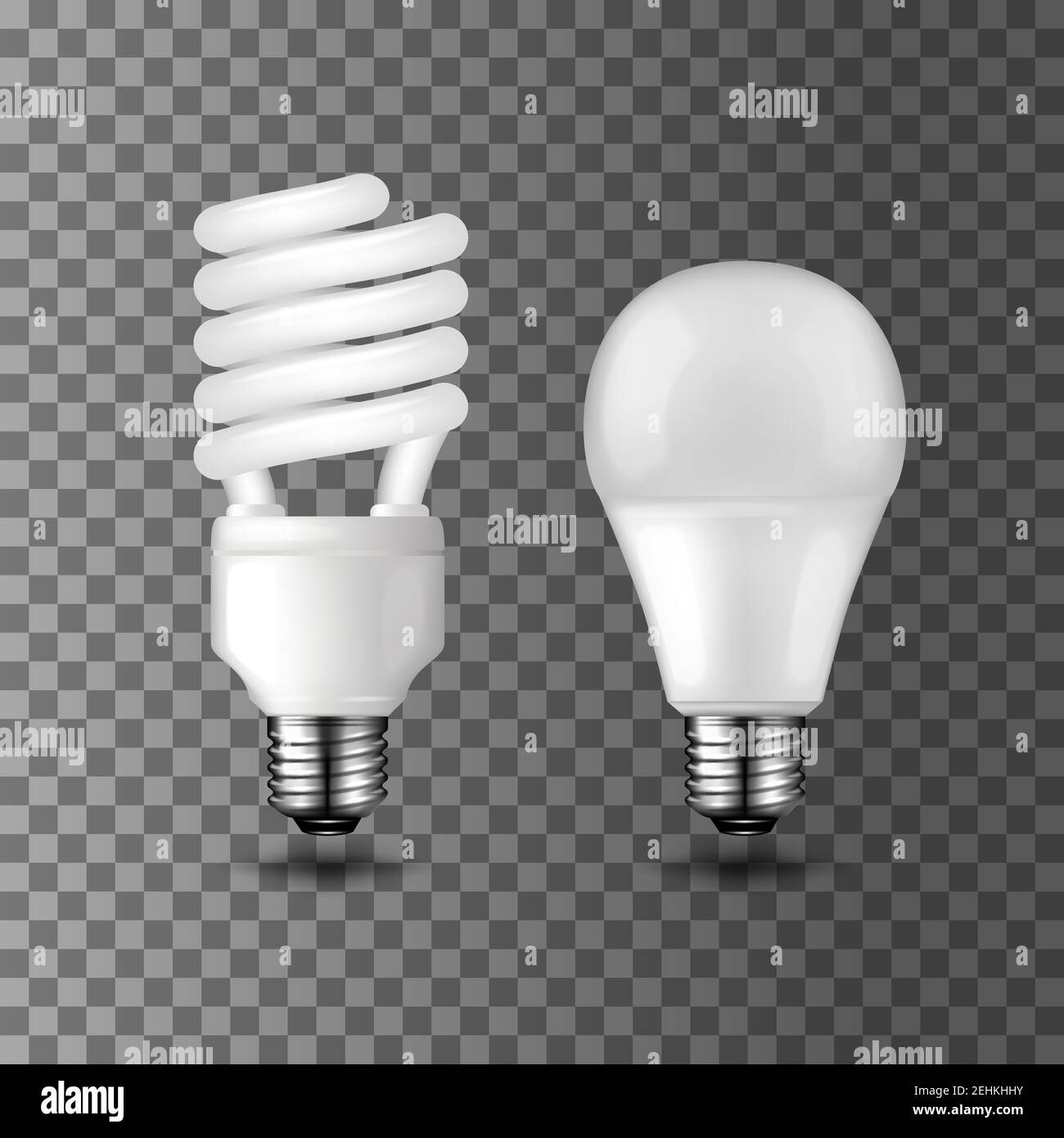 Lampadine vettoriali realistiche a risparmio energetico su sfondo trasparente. Lampadina fluorescente compatta e LED a diodo ad emissione luminosa. Risparmio energetico ed e Illustrazione Vettoriale