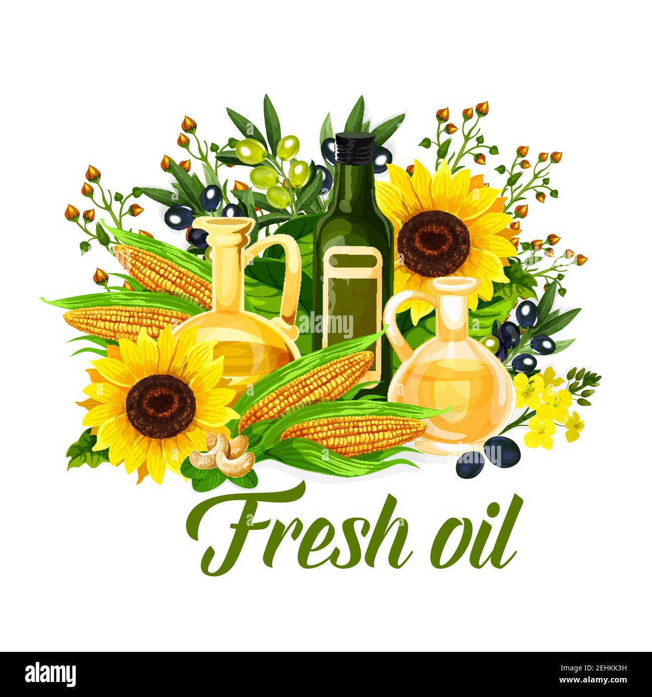 Bottiglia d'olio con ingredienti vegetali naturali. Frutta di oliva nera e verde, mais e girasole, colza, noci e nocciole di arachidi. Pacchetto alimentare o agricolo Illustrazione Vettoriale
