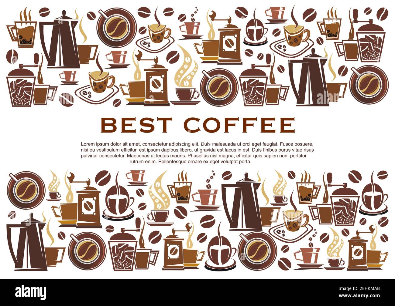 Il miglior poster per caffè o caffetteria. Design vettoriale di macchine da caffè, tazze e chicchi per espresso, americano o cappuccino e cioccolata calda Illustrazione Vettoriale