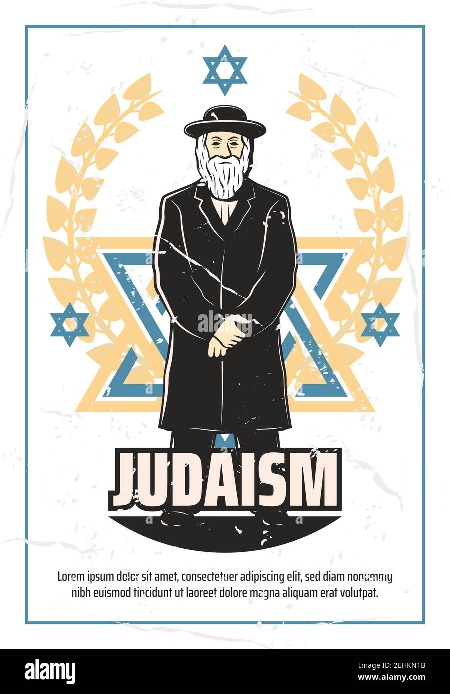 Giudaismo retro poster dei simboli ebraici. Vector vintage design di Rabbi in abito religioso tradizionale su David Star e corona d'alloro, sinagog Illustrazione Vettoriale