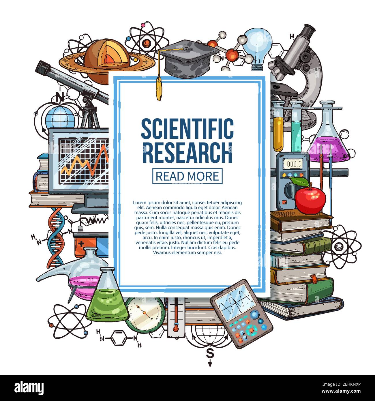 Materiale scientifico e materiale scientifico poster di ricerca e mucchi di libri. Matracci con liquidi e modelli molecolari, microscopio e telescopio, monitor con Illustrazione Vettoriale