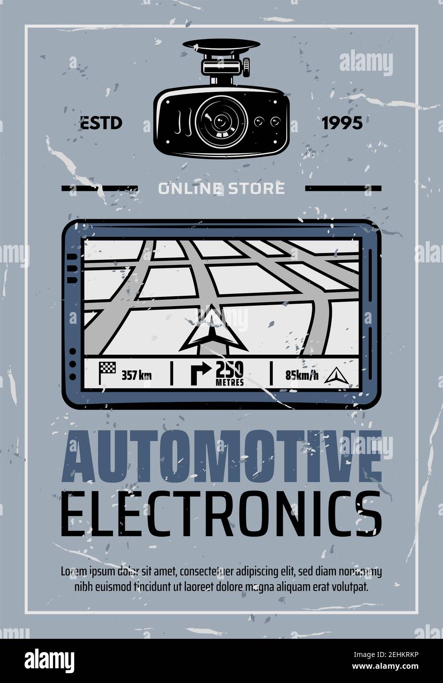 Negozio online Navigator e videocamera DVR con poster retrò per l'elettronica dell'auto. DVR e navigazione sullo schermo del tablet con mappa stradale. Sistema di navigazione per v Illustrazione Vettoriale