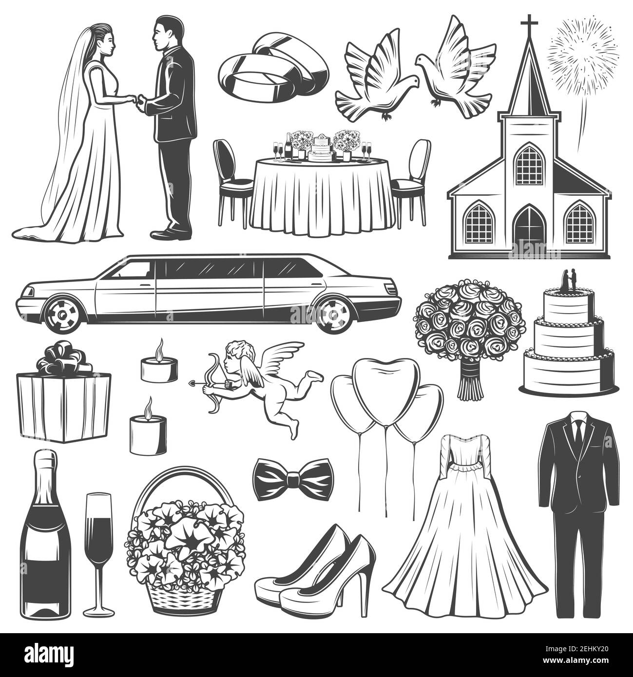 Icone di matrimonio e matrimonio. Sposa e sposo, limousine e chiesa,  accessori di impegno, bicchieri con champagne, torta, vestiti e fiori,  piccioni Immagine e Vettoriale - Alamy