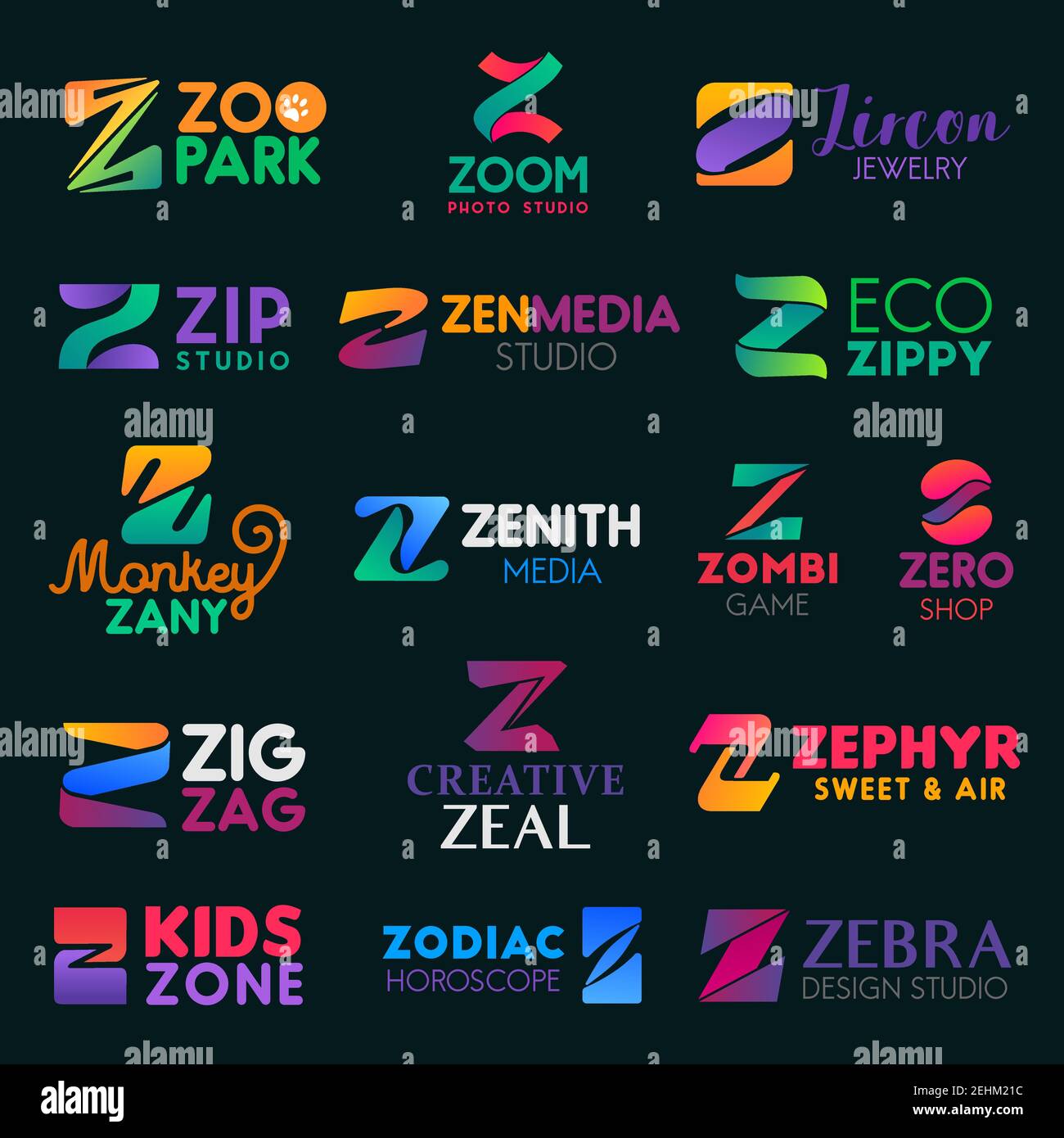 Icone e segni della lettera Z, elementi di identità vettoriali. Zoo e zoom studio, Zenith e zen media, gioco e negozio di zombie, zig zag, dolci zephyr e zodiaco Illustrazione Vettoriale