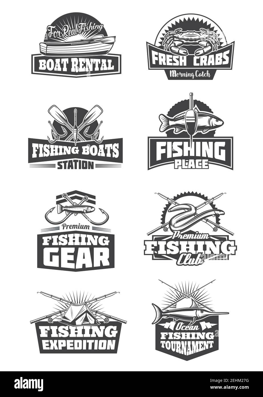 Icone e simboli dello sport della pesca. Noleggio barche e granchi, stazione barche e attrezzature, viaggi spedizione e club. Torneo di pesca vettore monocromatico pesci Illustrazione Vettoriale