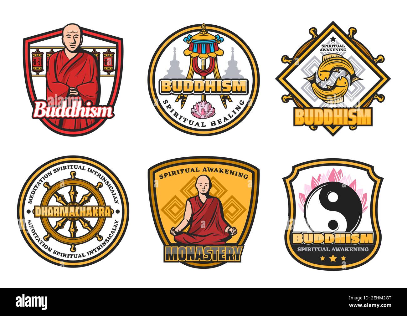 Icone buddiste religiose con monaco in rosso e simboli religiosi. Ruota Dharma e monastero, pesci d'oro e yin yang, fiore di loto e bandiera symb Illustrazione Vettoriale