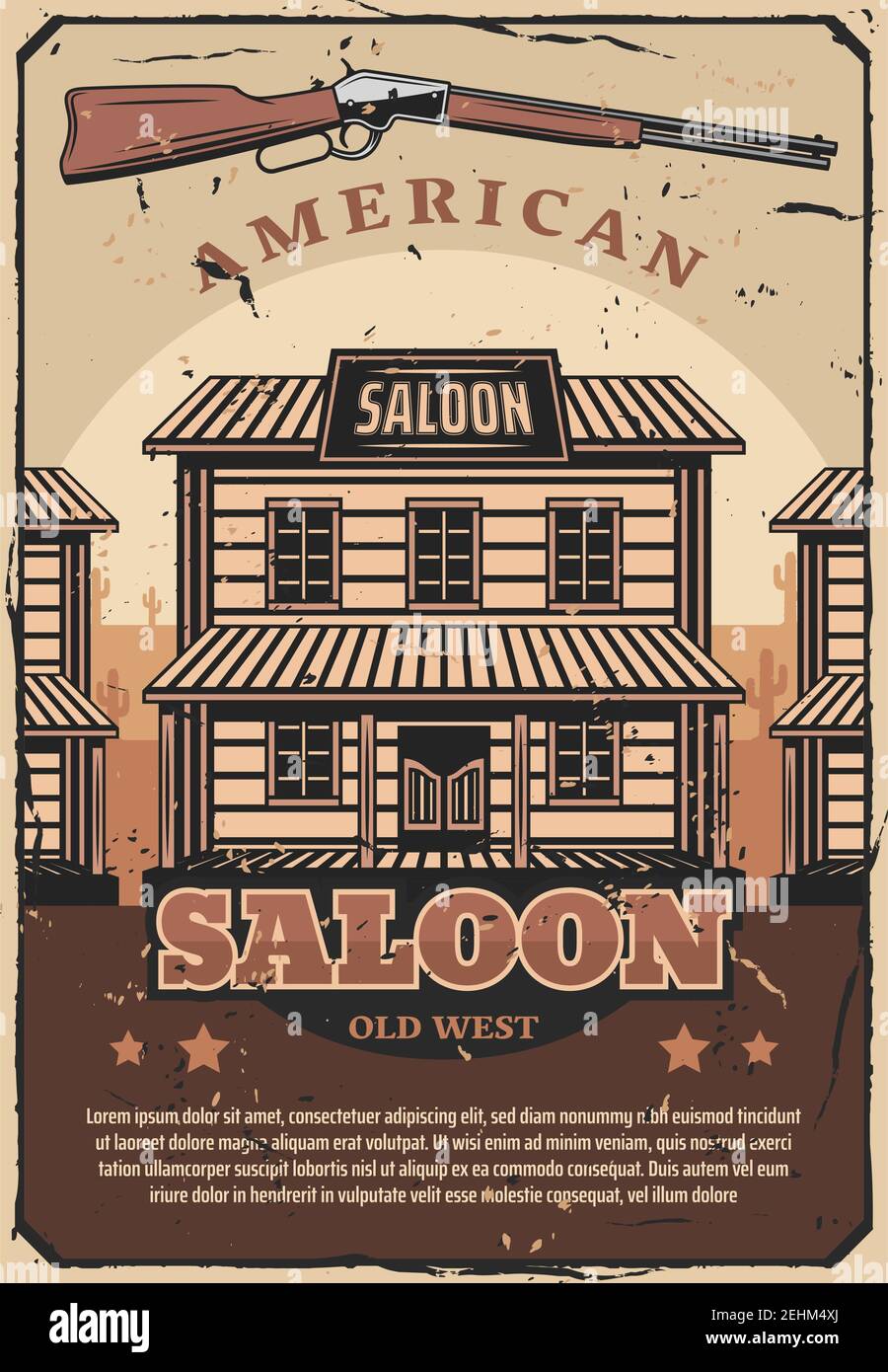 Wild West saloon o ufficio sceriffo o vecchio bar, pistola o fucile. Periodo storico americano di cowboy vintage design con costruzione in legno e arma, ret Illustrazione Vettoriale