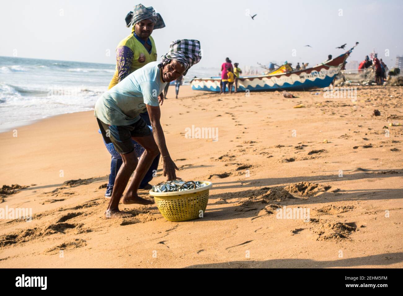 Pescatore che scarica il cestino di pesce dalla barca e che trasporta alla terra in Chennai, Tamil Nadu, India Foto Stock