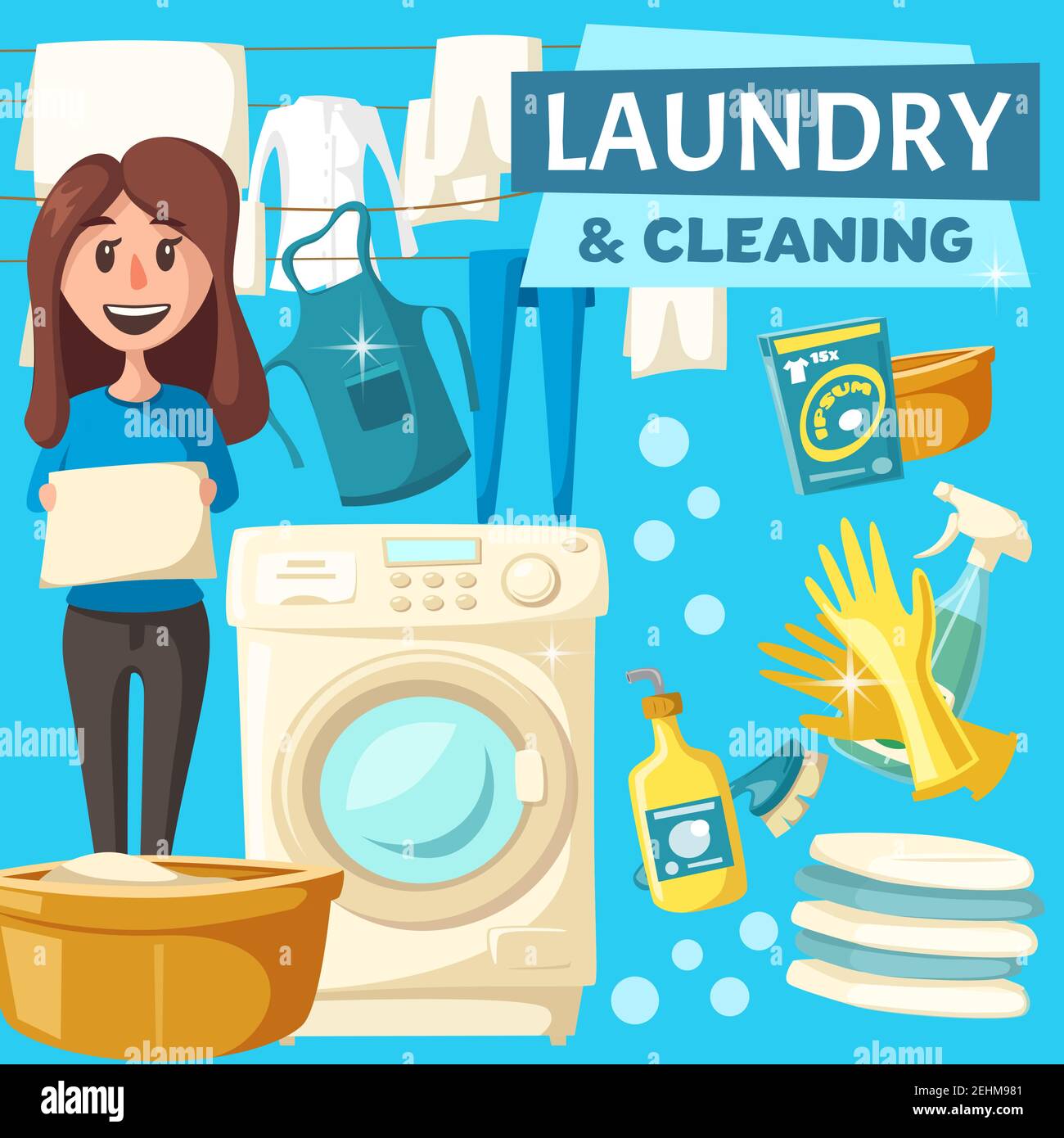 Lavanderia e pulizia casa poster di compiti donna per casa pulita. Vignetta  vettoriale casalinga con lavatrice e lavanderia in mani o asciugando, deter  Immagine e Vettoriale - Alamy