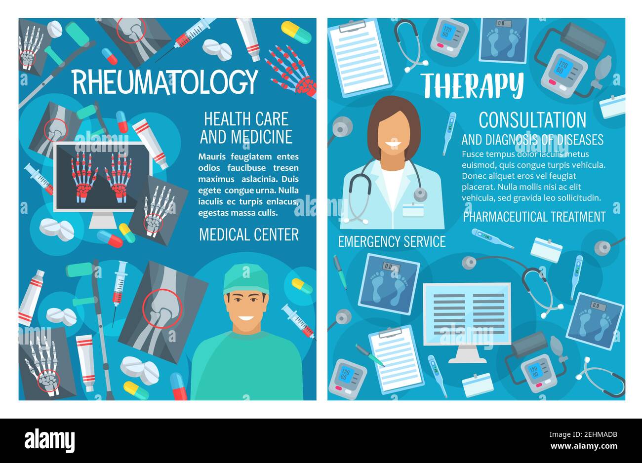 Reumatologia e terapia, consultazione medica. Medico reumatologo vettoriale con infermiere, radiografia trauma per articolazioni e ossa, diagnostica e trattamento pi Illustrazione Vettoriale