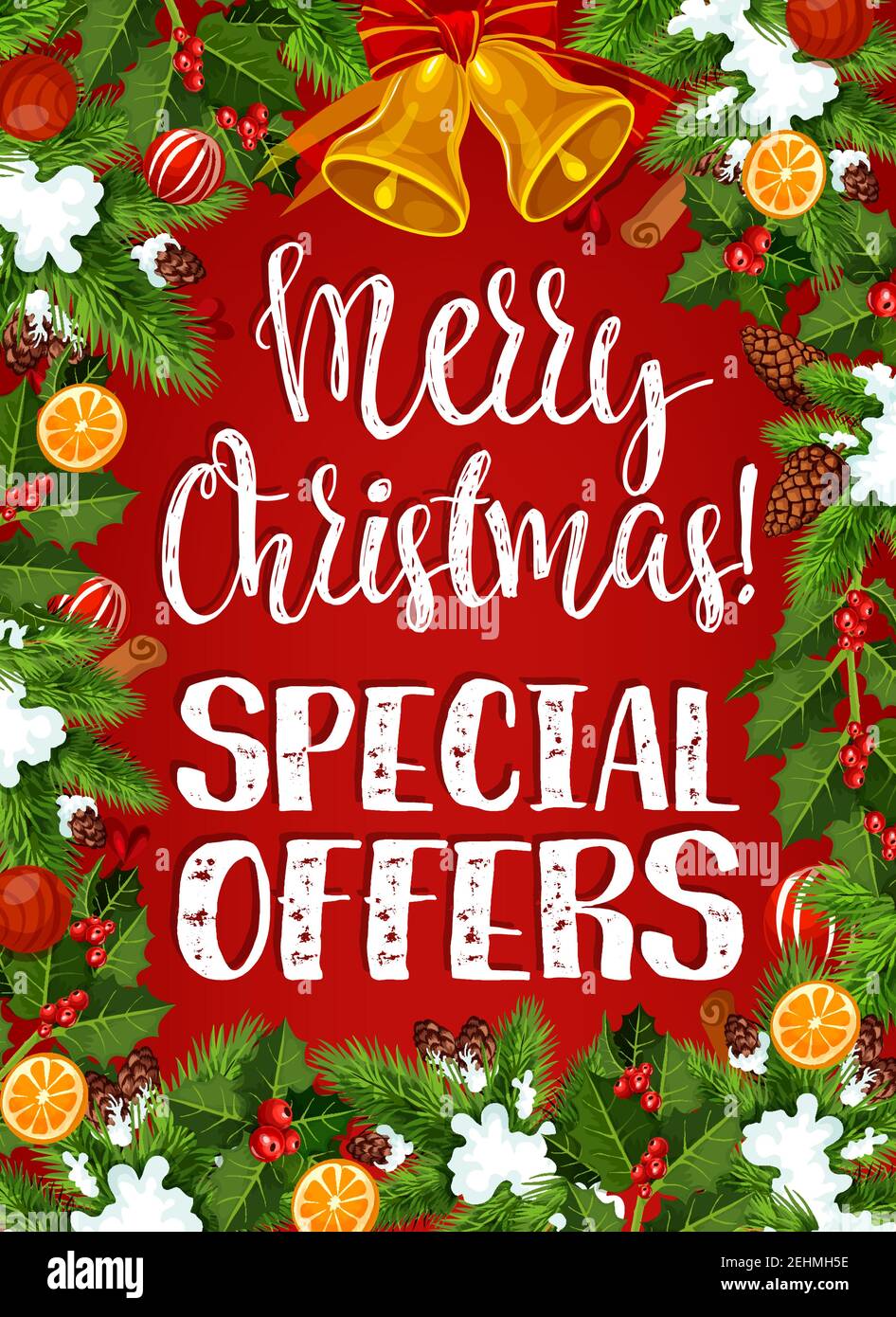 Offerta speciale Natale poster design template per decorazioni di Capodanno e offerta di sconti per le festività. Vector Natale regali di Santa e Be d'oro Illustrazione Vettoriale