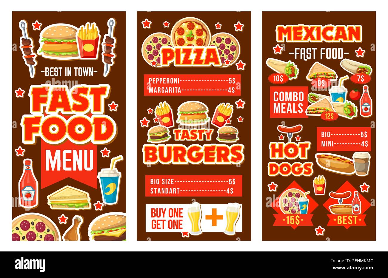 Striscioni fast food di hamburger e hamburger, hot dog o sandwich e pizza, patatine fritte, pollo e barbecue, burrito e soda, ketchup e mus Illustrazione Vettoriale