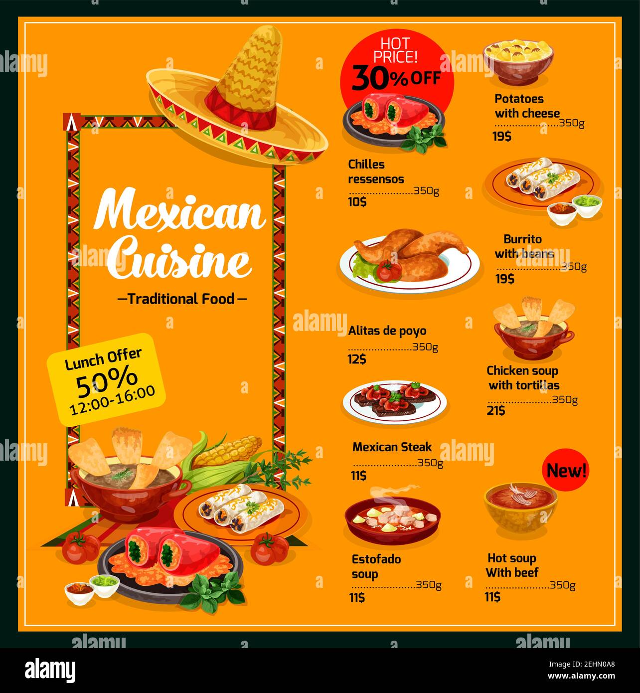 Modello di menu di cucina messicana con piatti. Patate al formaggio e rissensos di chille, burrito con fagioli e alitas de poyo, zuppa di pollo con t Illustrazione Vettoriale