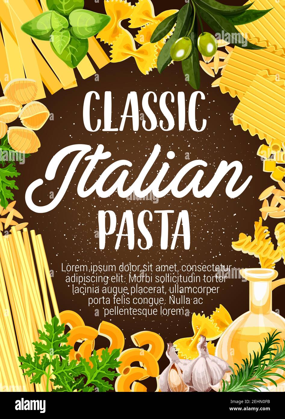 Pasta italiana alle erbe, vettore. Montatura di maccheroni penne, spaghetti e farfalle, fusilli, rigatoni e lasagne, cannelloni, noodle, conchiglie e t Illustrazione Vettoriale