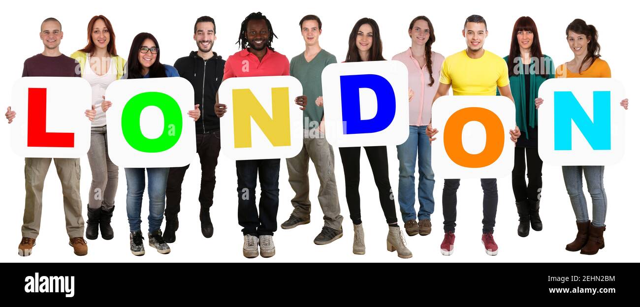Londra città Inghilterra Regno Unito gruppo di giovani multiculturale multietnico isolato su bianco Foto Stock