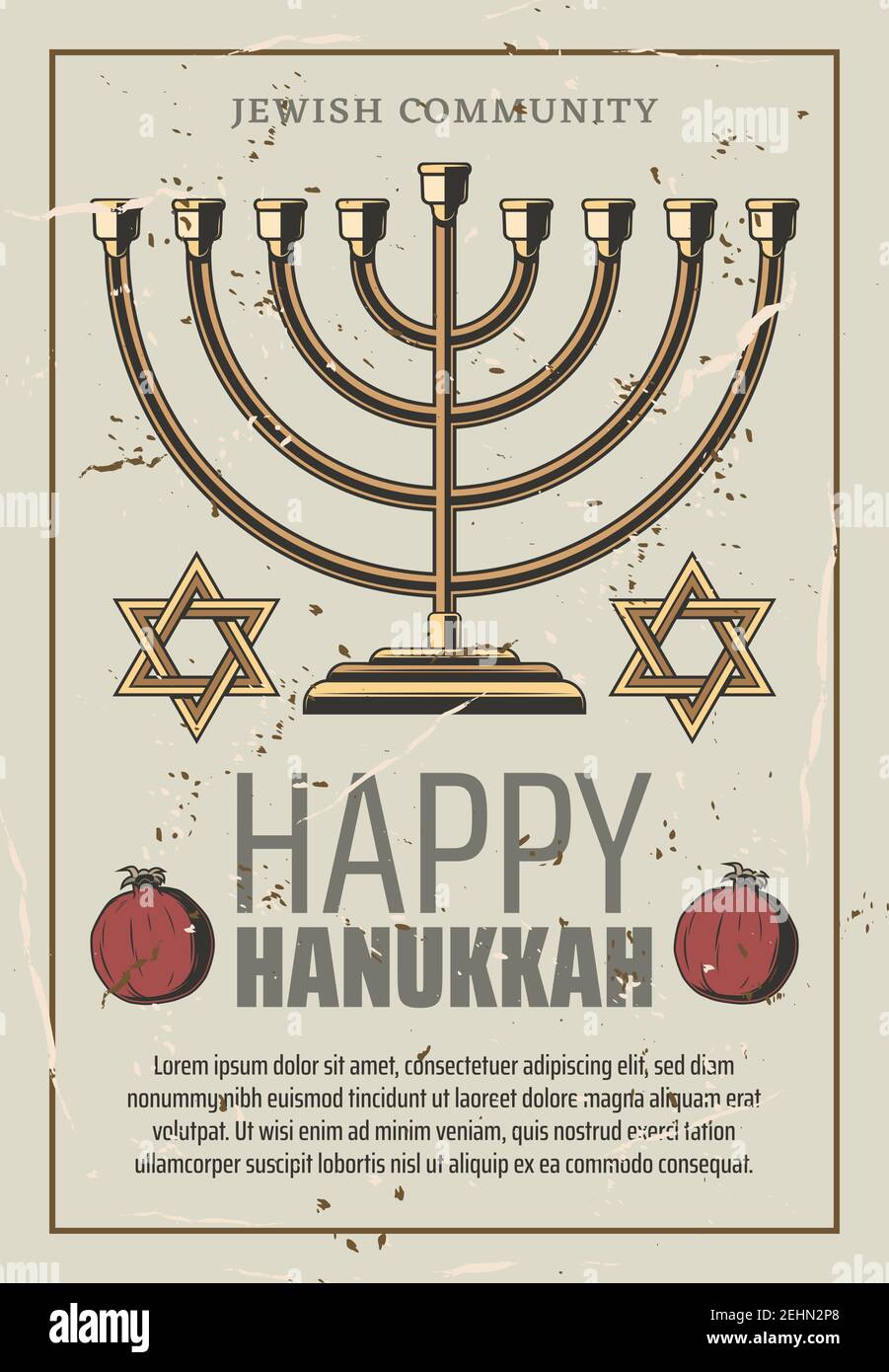 Happy Hanukkah poster retrò vacanza. Gold Menorah e David stelle con melograno. Evento religioso ebraico di Capodanno con simboli sacri, minore ebraico f Illustrazione Vettoriale