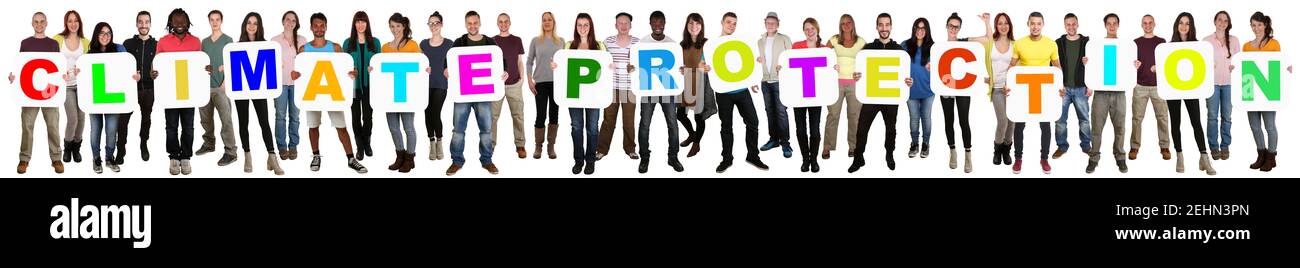 Cambiamenti climatici gli studenti protestano contro i cambiamenti Gruppo dimostrativo di giovani persone isolate su bianco Foto Stock