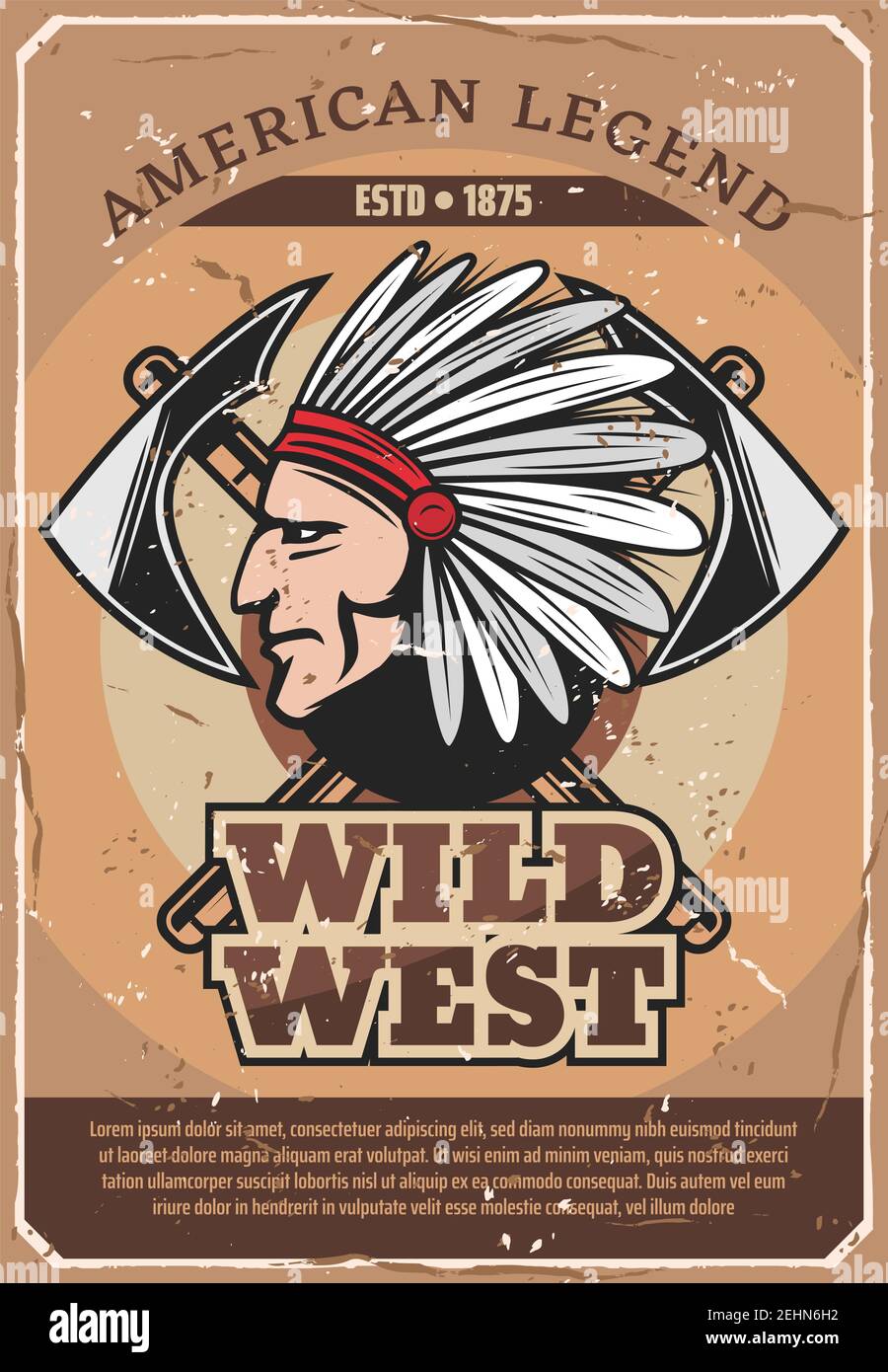 Poster retrò della leggenda americana Wild West. Vector vintage design di un guerriero indiano con piumaggio d'erezione con assi tomahawk per la storia DI A. Illustrazione Vettoriale