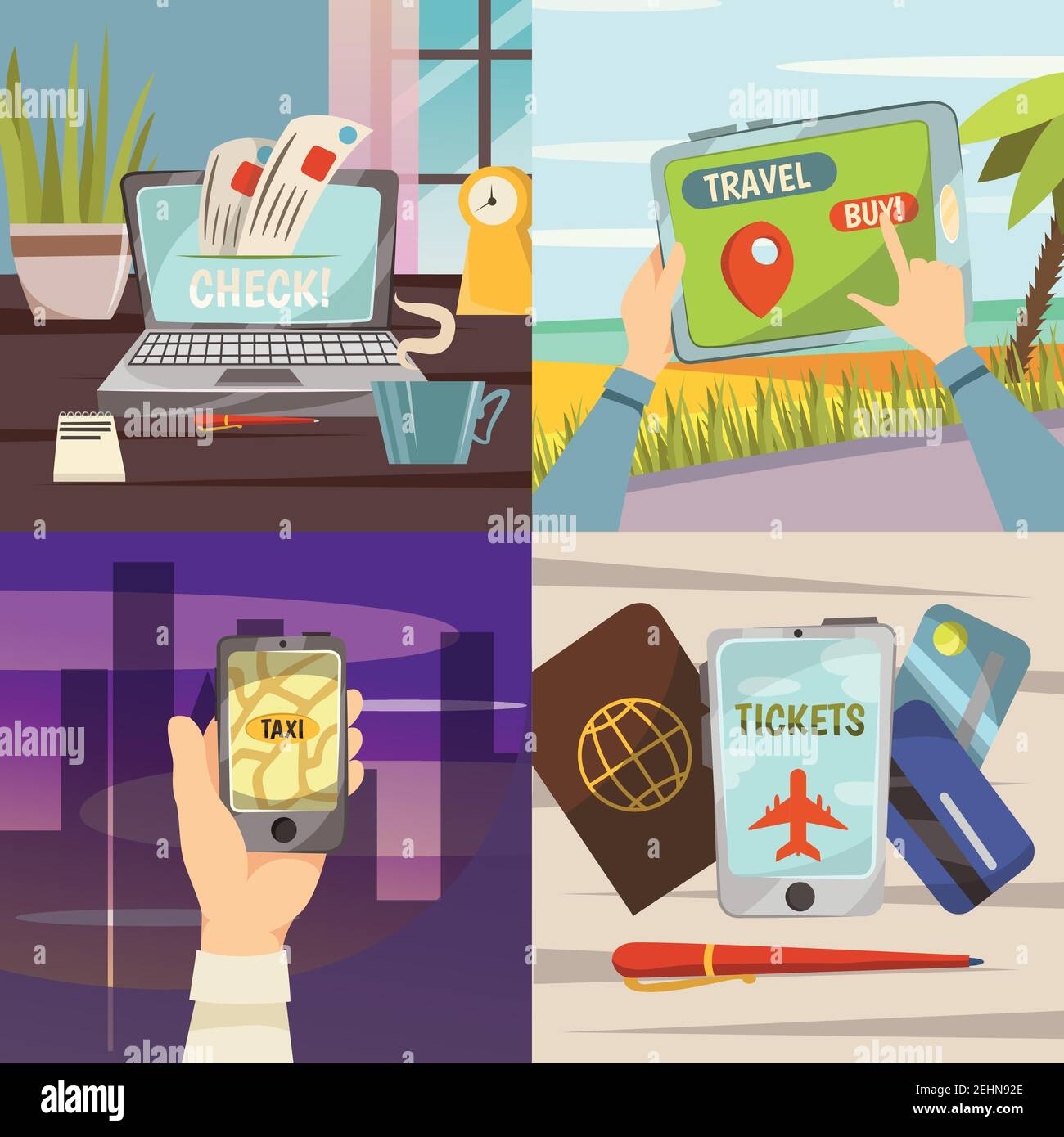 Quattro piazze servizi di prenotazione online set di icone con Get check online acquistare viaggi sul sito prendere taxi utilizzando vettore telefonico illustrazione Illustrazione Vettoriale