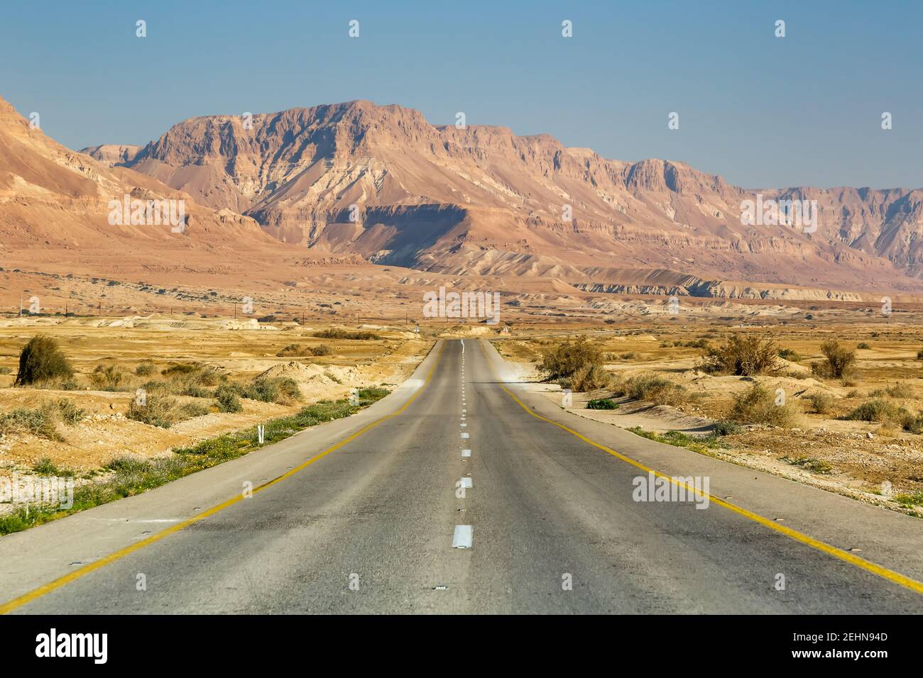 Guida su strada senza fine viaggio viaggiando in un paesaggio desertico senza limiti solitudine infinita distanza sola Foto Stock