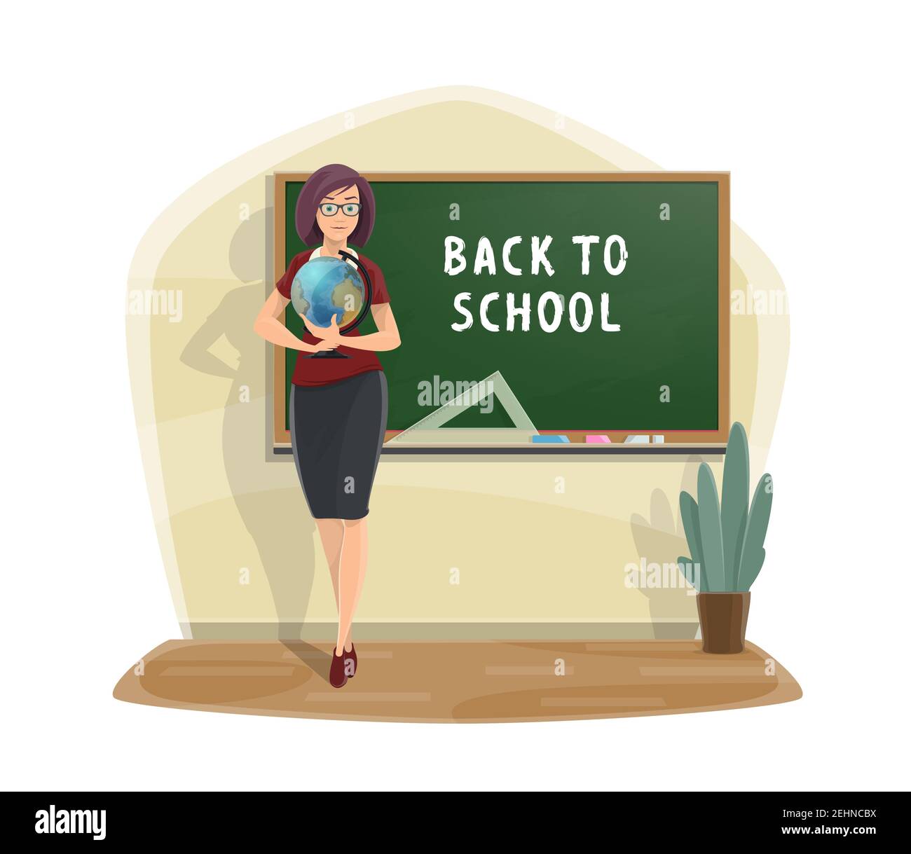Torna alla Scuola poster di insegnante donna con geografia globo a lavagna. Sala di classe vettoriale con gesso e righello sulla lavagna per l'educazione autunnale s Illustrazione Vettoriale