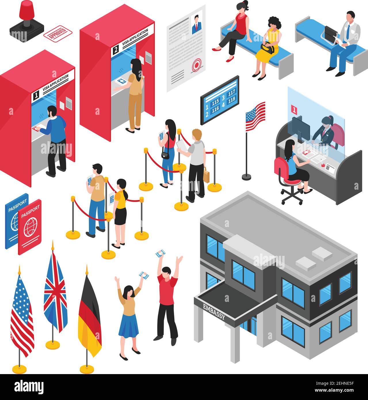 Insieme di icone colorate isolate e isometriche del centro visti dell'ambasciata con la gente si applica per il vostro vettore di visto illustrazione Illustrazione Vettoriale