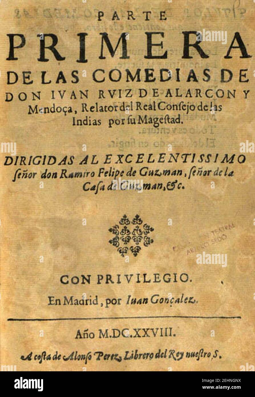 Parte primera de las comedias de don Juan Ruiz de Alarcón. Foto Stock