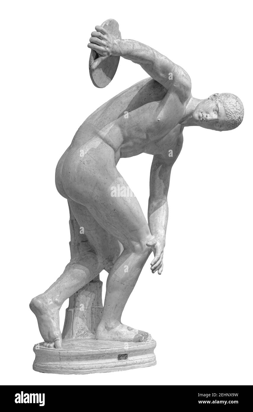 Discus lanciatore discobolo una parte degli antichi Giochi Olimpici. Una copia romana dell'originale greco in bronzo perduto. Isolato su bianco Foto Stock
