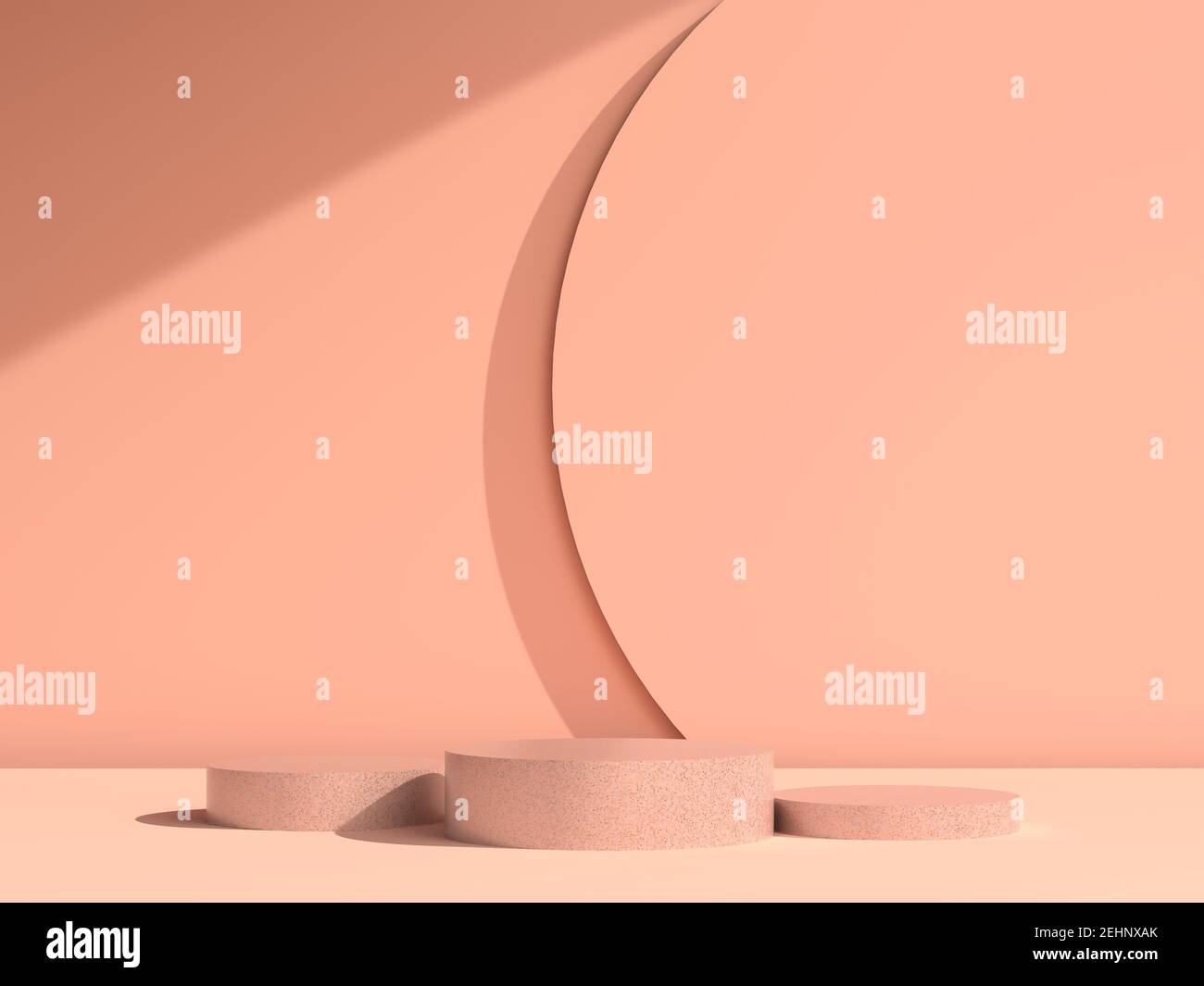Passerella beige astratta in forme geometriche. Piedistallo in pietra granitica a forma di cilindro per la presentazione di un prodotto o servizio. Foto Stock