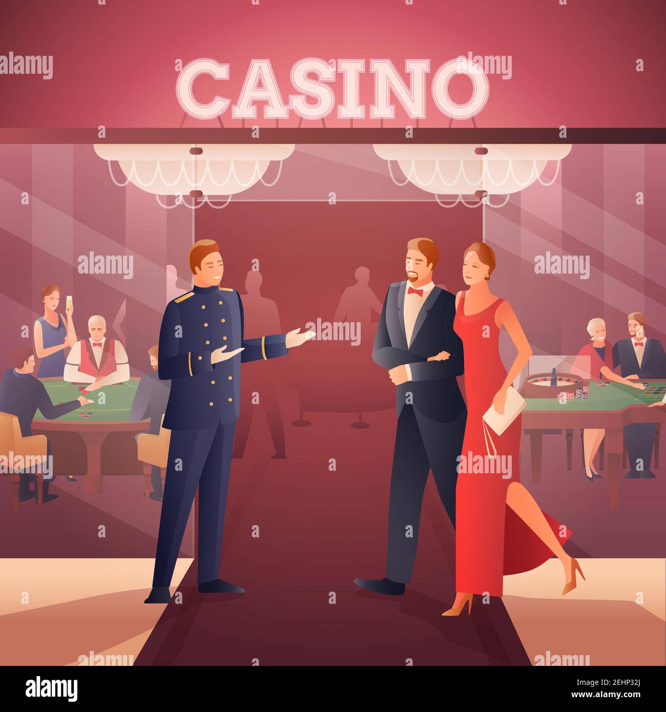 Casinò e persone con roulette poker simboli vettore gradiente piatto illustrazione Illustrazione Vettoriale