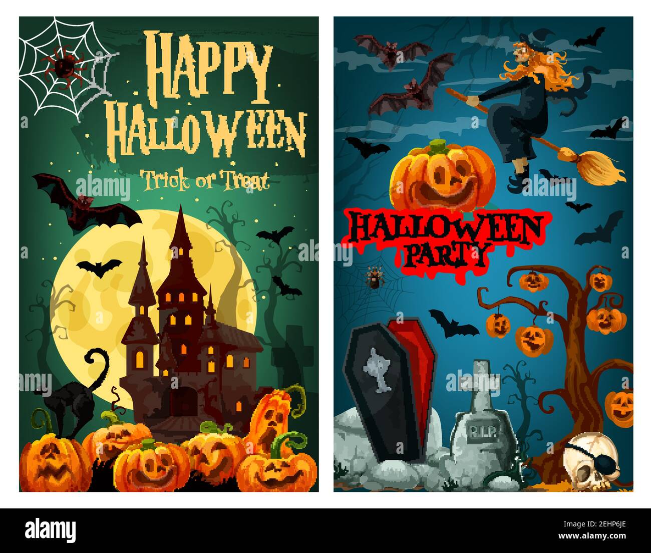 Halloween casa fantasma spooky e banner di saluto cimitero. Horror castello e cimitero per la festa di notte invito design con lanterna di zucca, strega uno Illustrazione Vettoriale