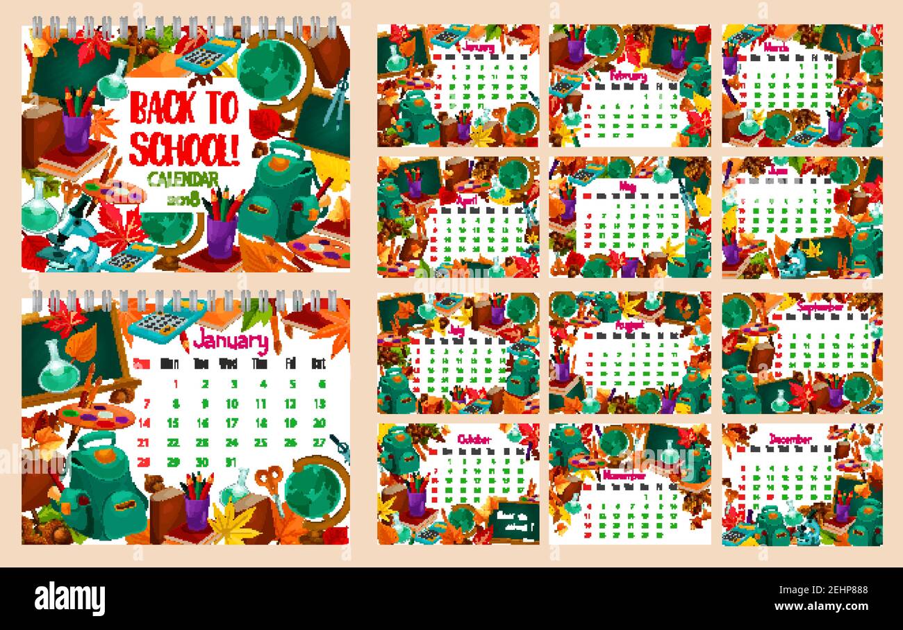 Back to School modello di calendario mensile design di copybook,  calcolatrice e geometria mappa globo. Calendario mensile vettoriale della  borsa scolastica e della stazione della lezione Immagine e Vettoriale -  Alamy