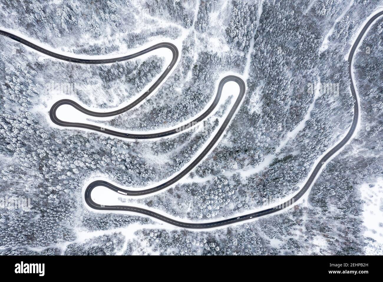 Tortuosa strada Serpentine switchbacks inverno neve foresta foresta stagione aerea drone fotografico Foto Stock