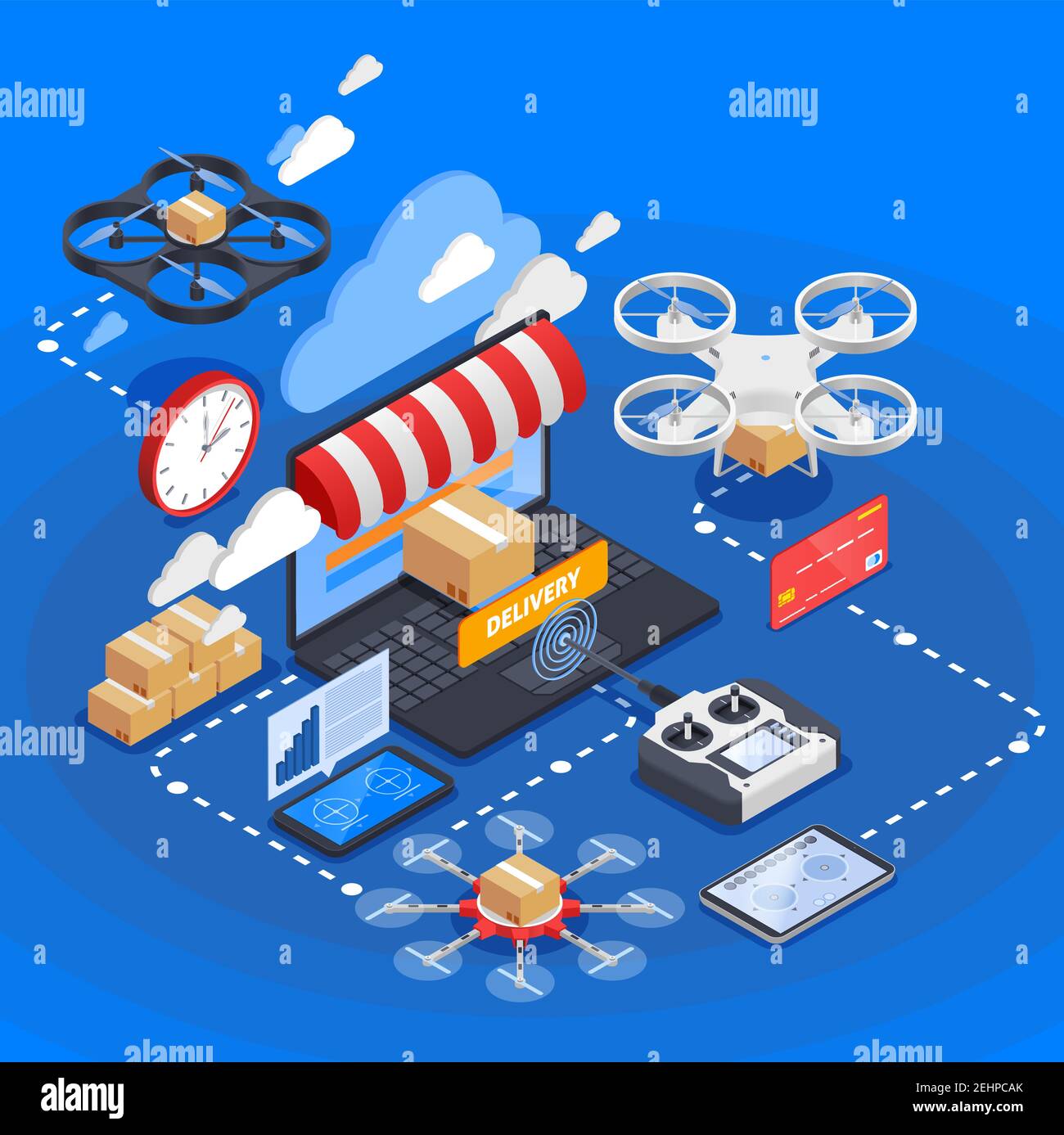 Commercio elettronico e consegna merci per droni composizione isometrica su blu sfondo con illustrazione vettoriale del controller uav Illustrazione Vettoriale