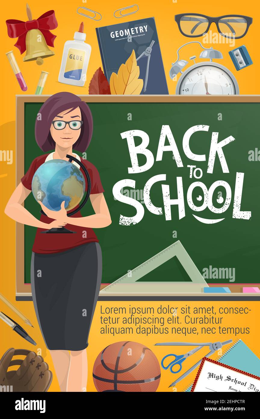 Poster di ritorno a scuola per la stagione dell'istruzione. Insegnante di vettore donna a scuola lavagna in classe con geometrie globo, biologia o microscop chimica Illustrazione Vettoriale