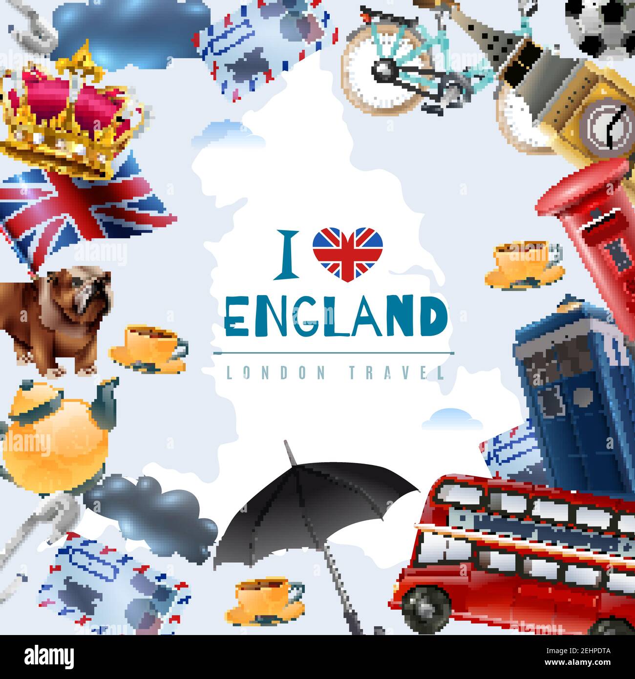 Inghilterra london Travel frame sfondo con collage di immagini piatte con elementi stereotipati e illustrazioni vettoriali di testo modificabili Illustrazione Vettoriale