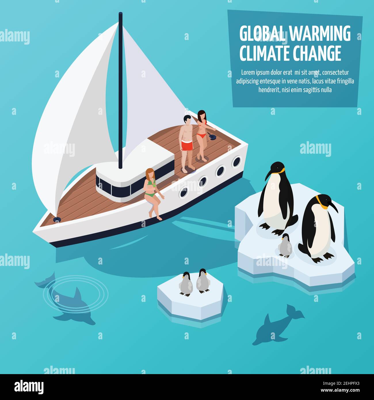 Composizione isometrica del cambiamento climatico con persone in barca a vela, delfini subacquei e pinguini su fondenti galleggianti illustrazione vettoriale Illustrazione Vettoriale