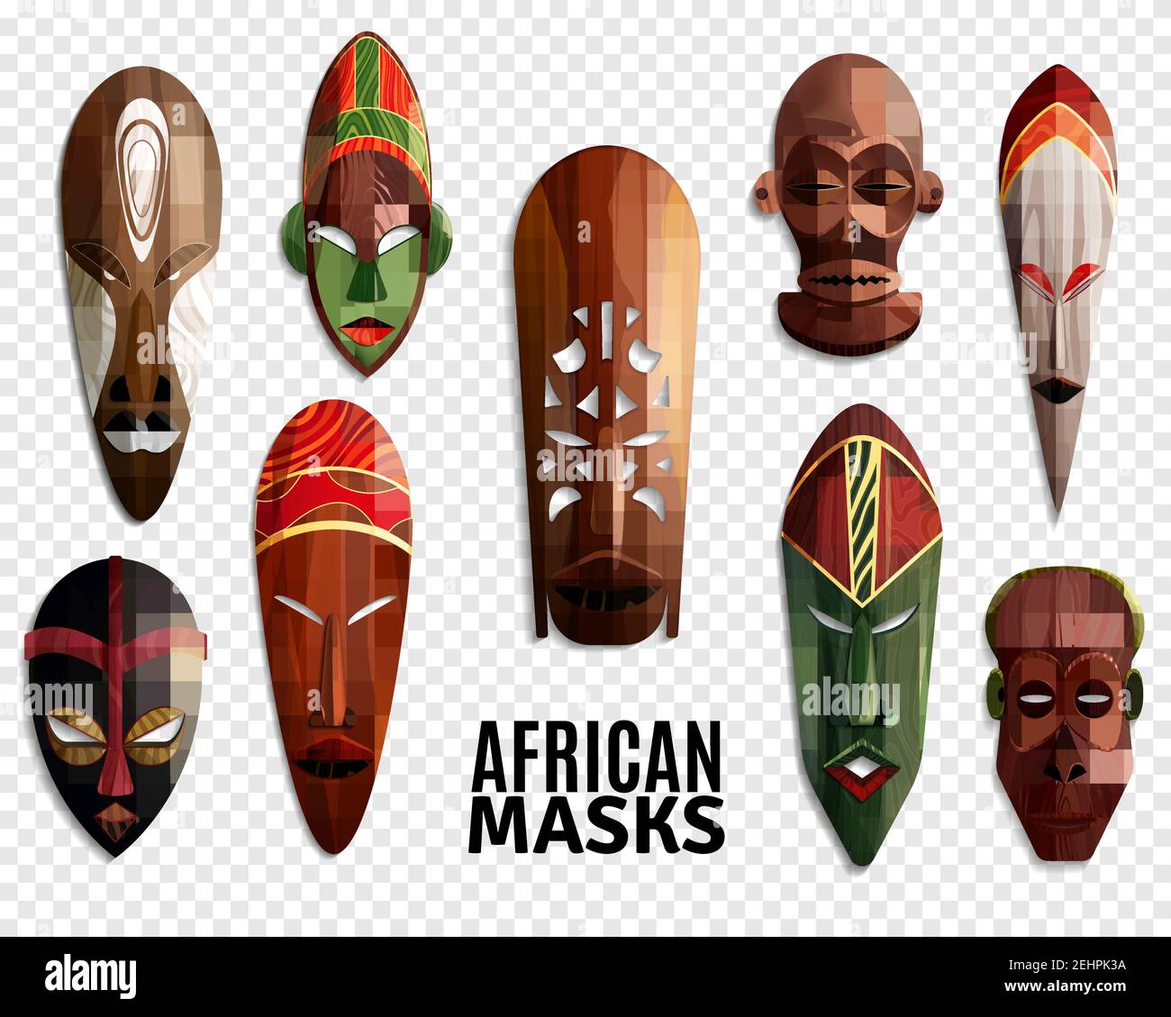maschere africane 3d e realistiche insieme di icone trasparenti per interni illustrazione vettoriale decorazione Illustrazione Vettoriale