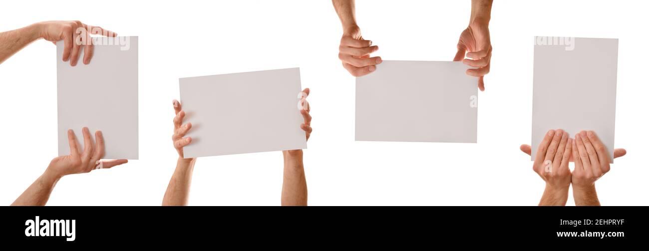 Set di quattro poster A4 che tengono con entrambe le mani sfondo bianco isolato Foto Stock