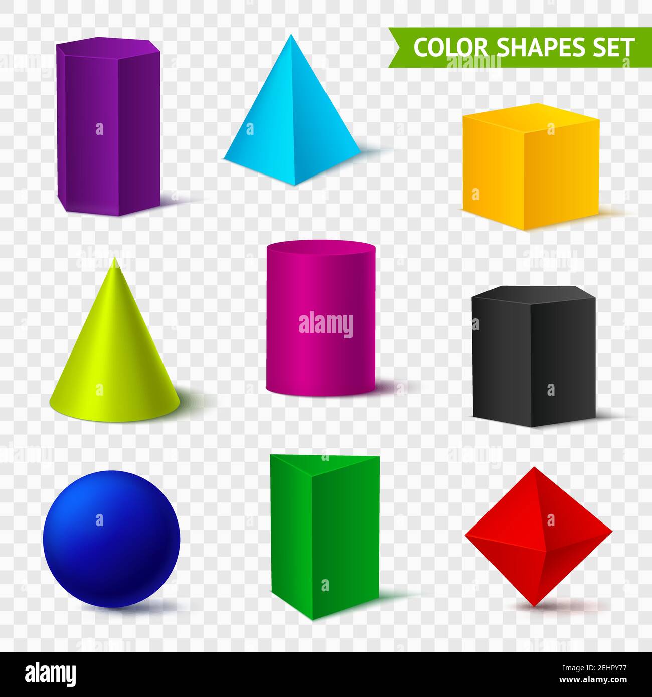 Forme geometriche realistiche Set di colori trasparenti con oggetti geometrici isolati di colore diverso sull'illustrazione vettoriale trasparente dello sfondo Illustrazione Vettoriale