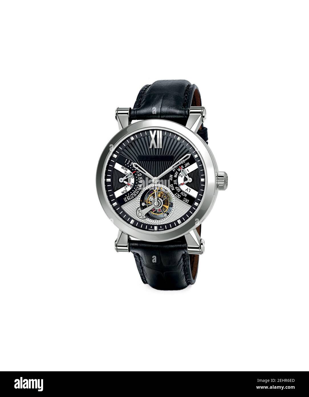 Orologio da polso sportivo da uomo con fasi lunari e meccanismo visibile a  sinistra. Cinturino in pelle nera. Isolato su bianco Foto stock - Alamy