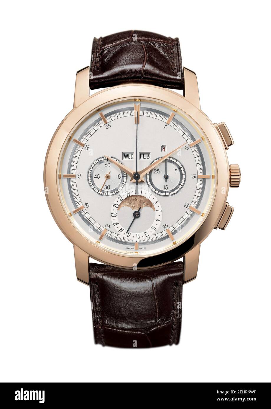 Orologio cronografo uomo con cassa dorata e fasi lunari Foto Stock