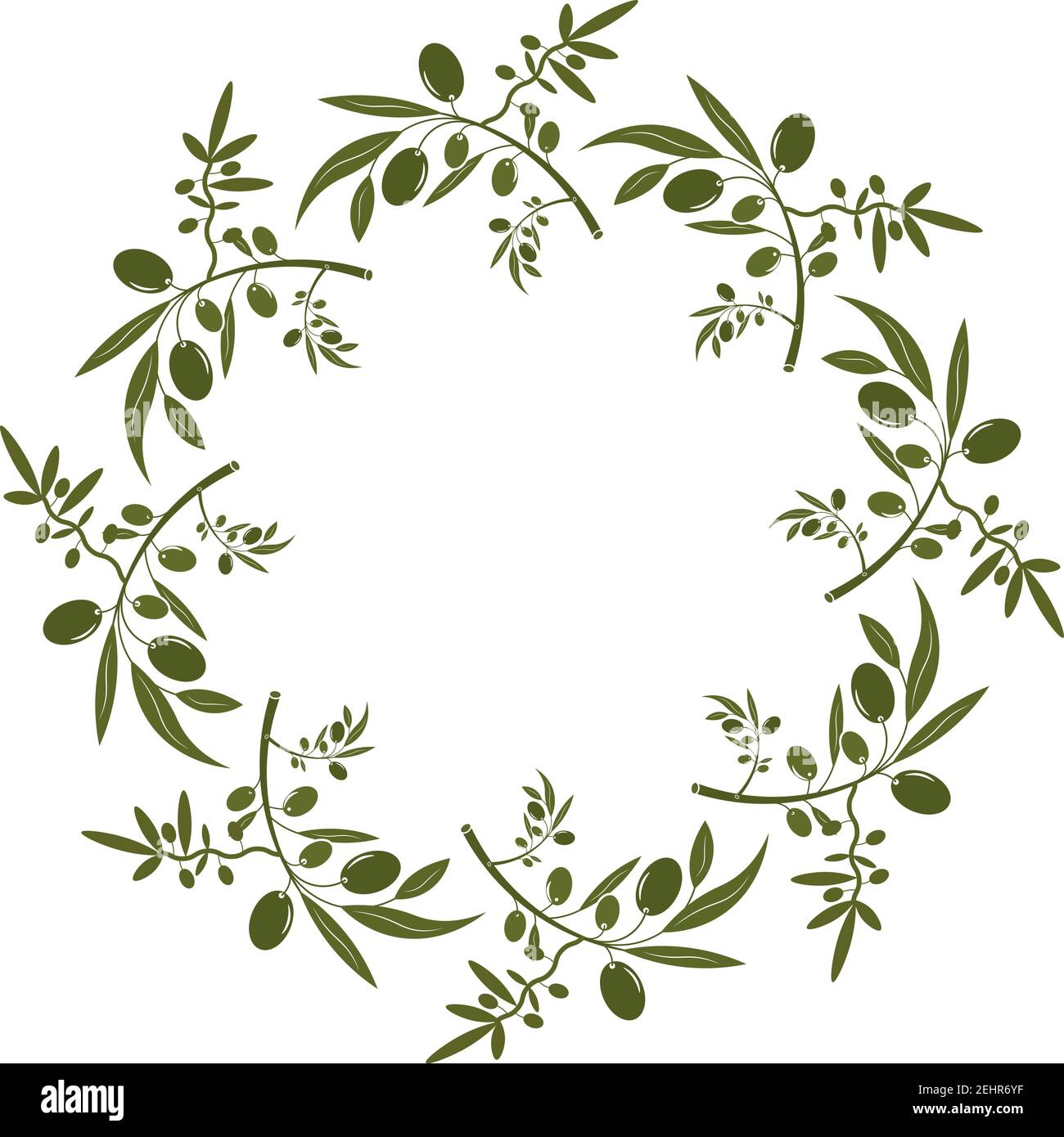 Corona di olivo con bacche e foglie. Contorno vettoriale floreale disegnato a mano con frutta d'oliva e rami di alberi con foglie isolate su sfondo bianco. F Illustrazione Vettoriale