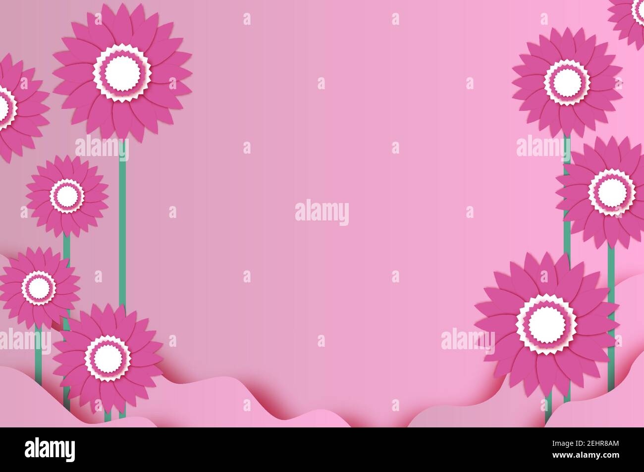 Buon giorno delle donne. 8 marzo. Pink Spring Flower stile taglio carta. . Giorno delle madri. Bella natura. Estate. Sfondo rosa delle onde di carta. Spazio per il testo. Ve Illustrazione Vettoriale