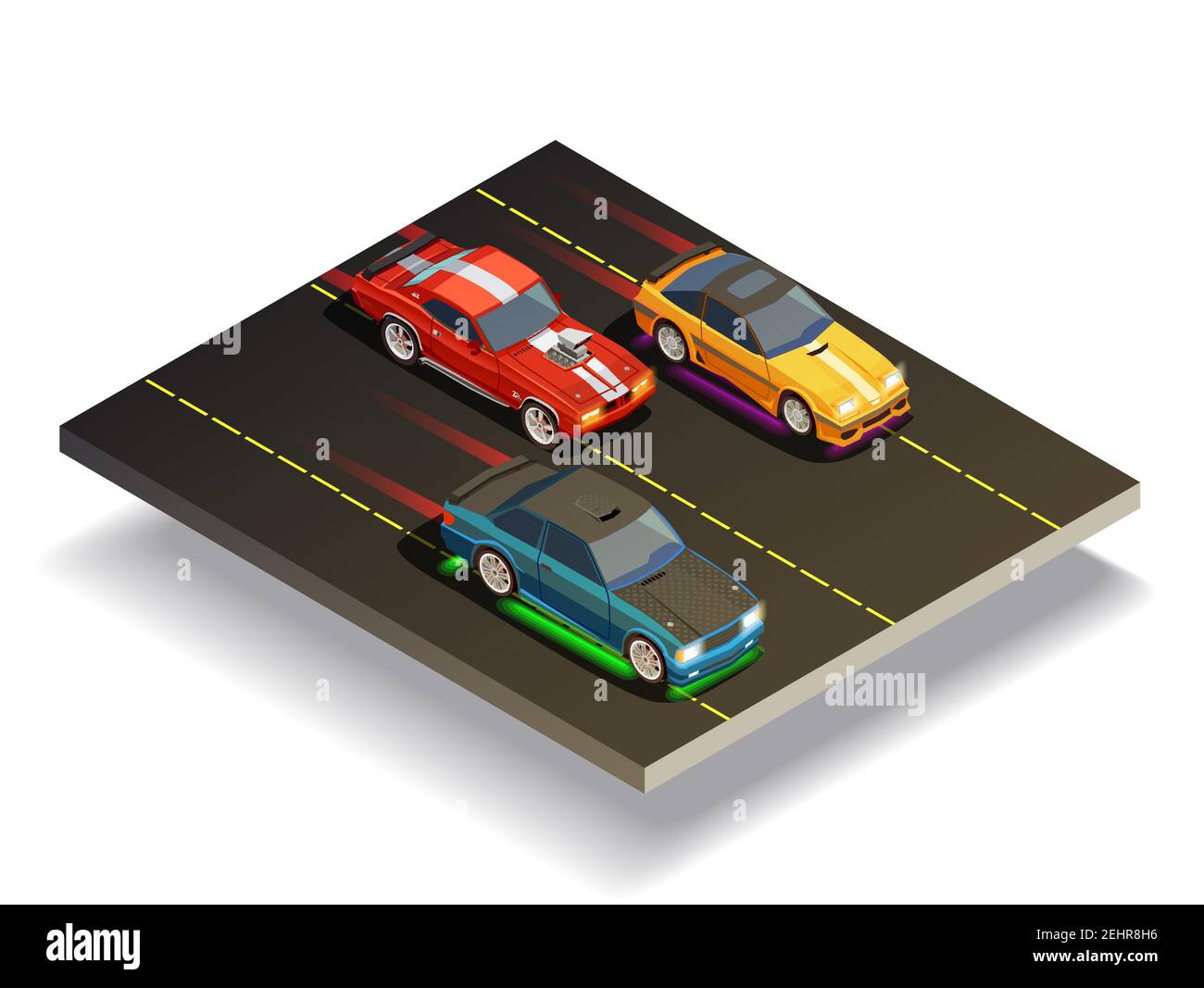 Street racing drift composizione isometrica di tre auto veloci da corsa con decalcomanie diverse sull'illustrazione vettoriale della corsa Illustrazione Vettoriale